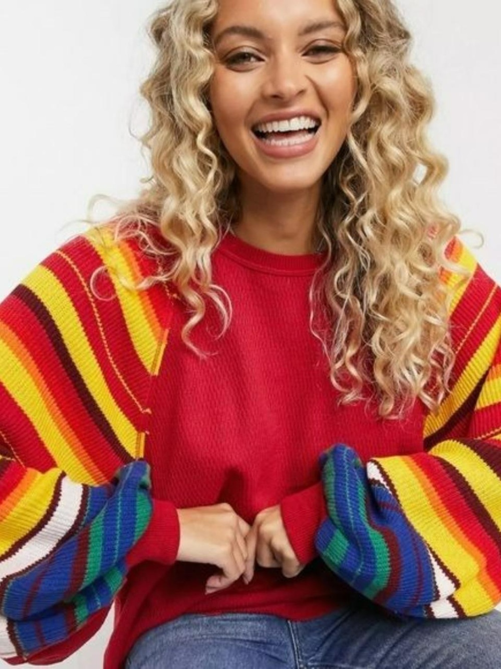 We The Free Red Rainbow-Stripe Balloon Sleeve Women's Sweater Size XS